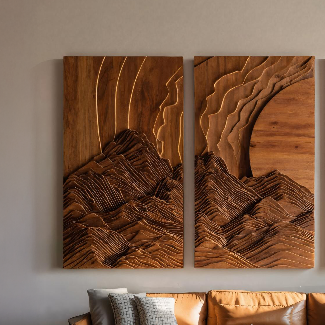 Set Wall Art With Mountain And Sunrise Carved For Living Room