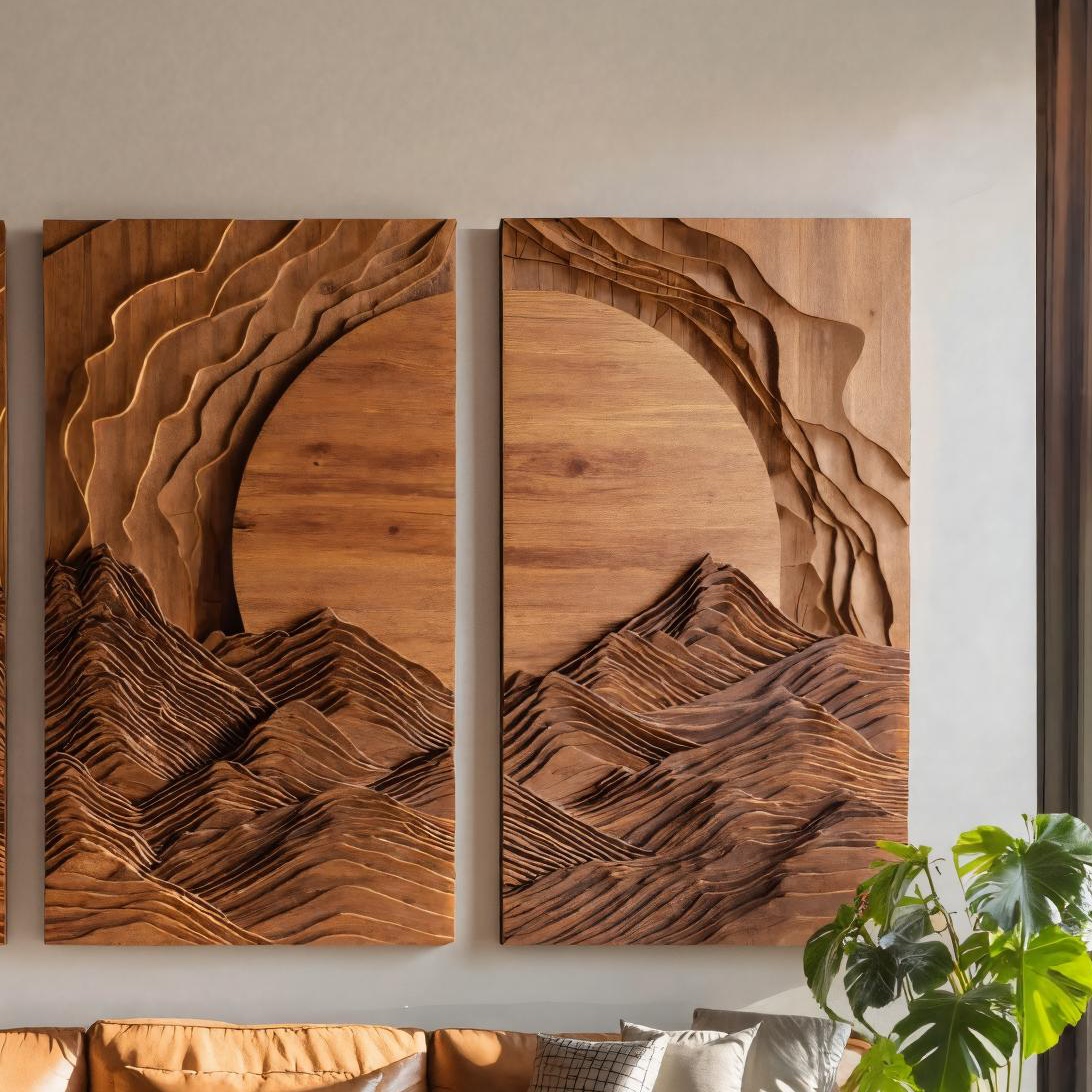Set Wall Art With Mountain And Sunrise Carved For Living Room