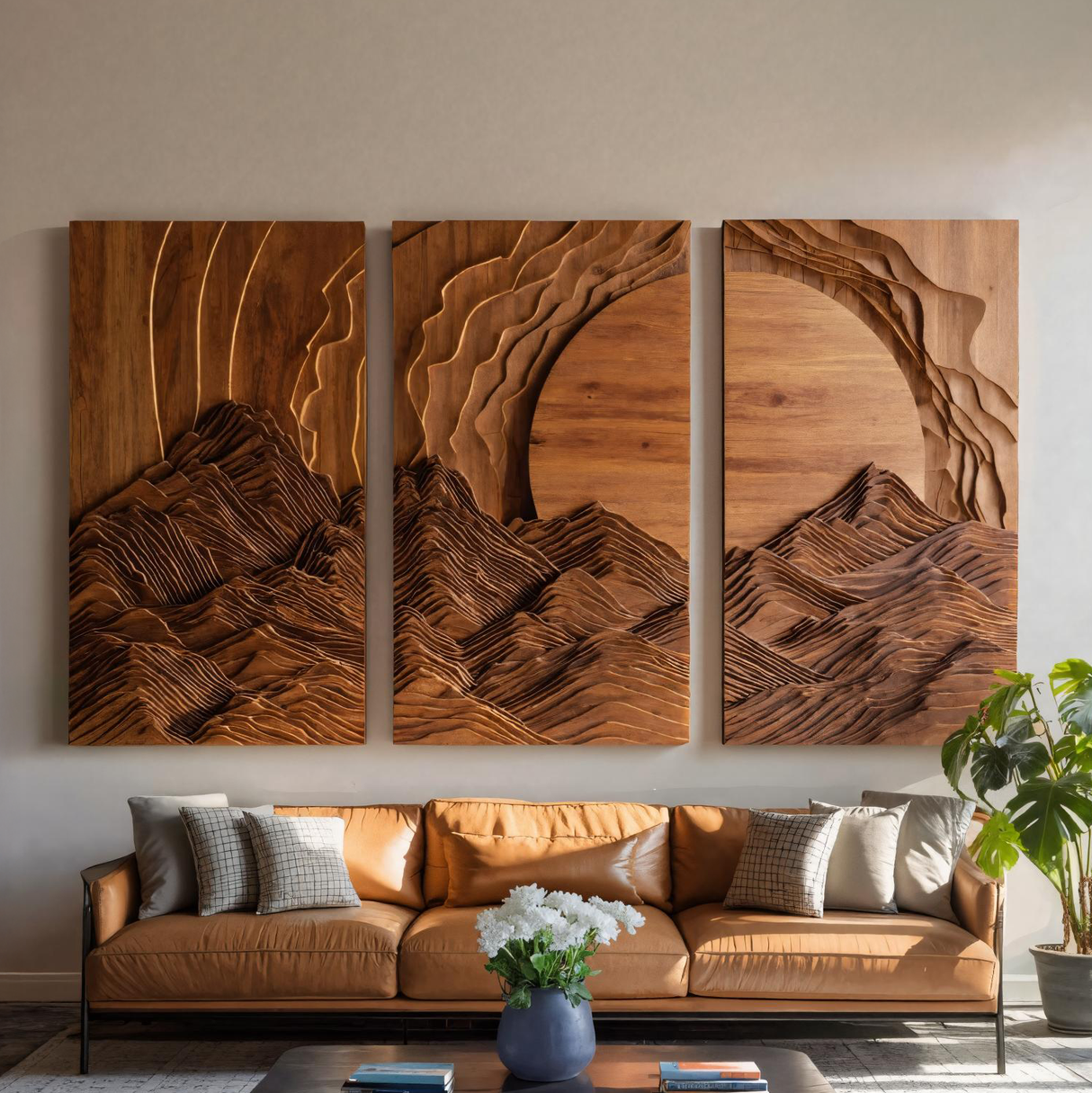 Set Wall Art With Mountain And Sunrise Carved For Living Room