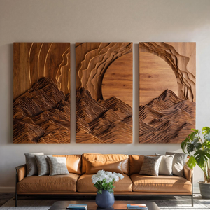 Set Wall Art With Mountain And Sunrise Carved For Living Room