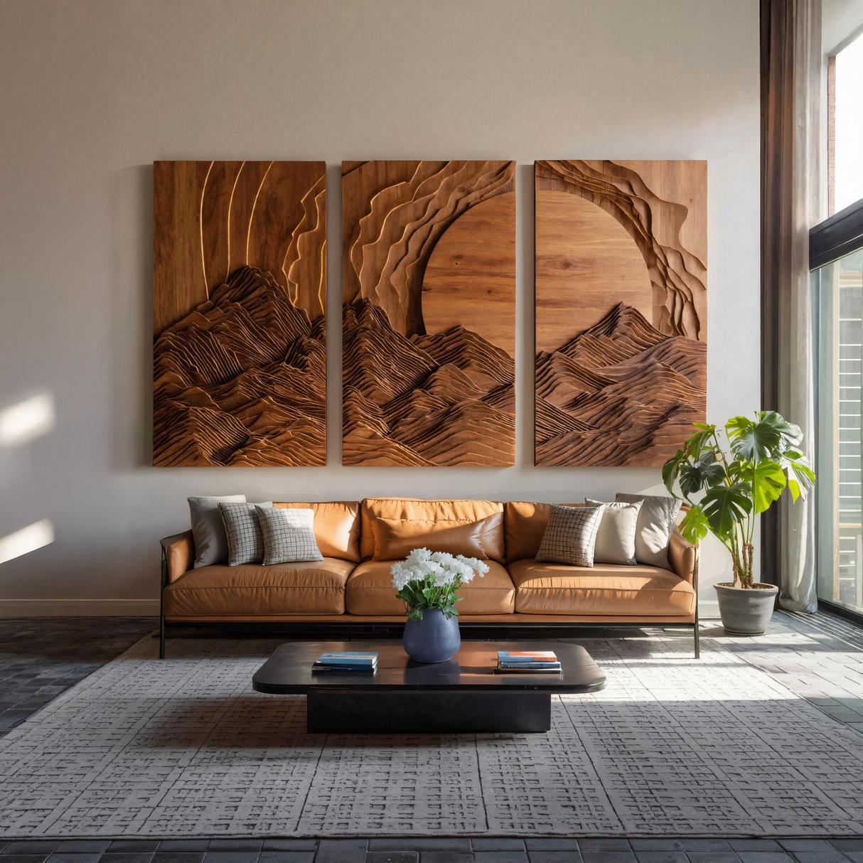 Set Wall Art With Mountain And Sunrise Carved For Living Room