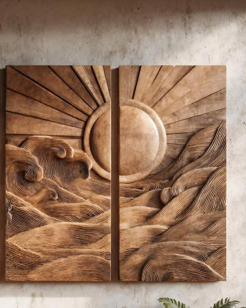 Set Sculptural Wall Art With Sun And Wave For Living Room