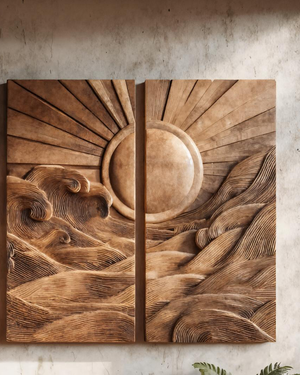 Set Sculptural Wall Art With Sun And Wave For Living Room