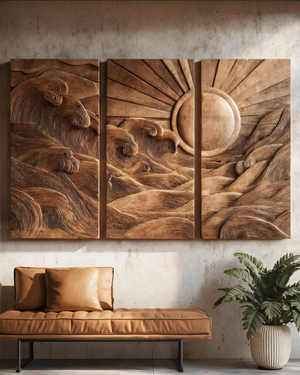Set Sculptural Wall Art With Sun And Wave For Living Room
