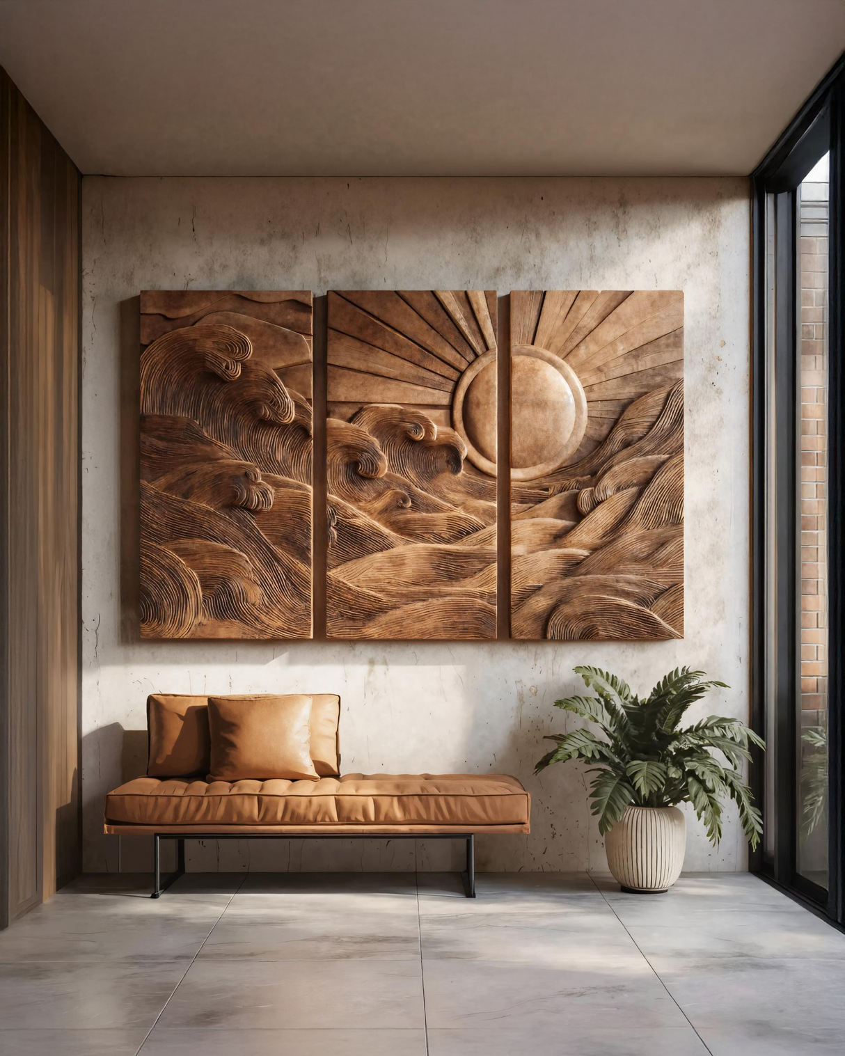 Set Sculptural Wall Art With Sun And Wave For Living Room