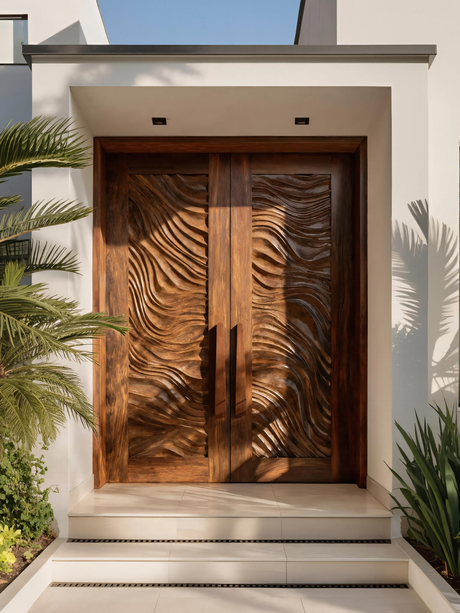 Sculptural Double Front Door With Wave Pattern For Entryway