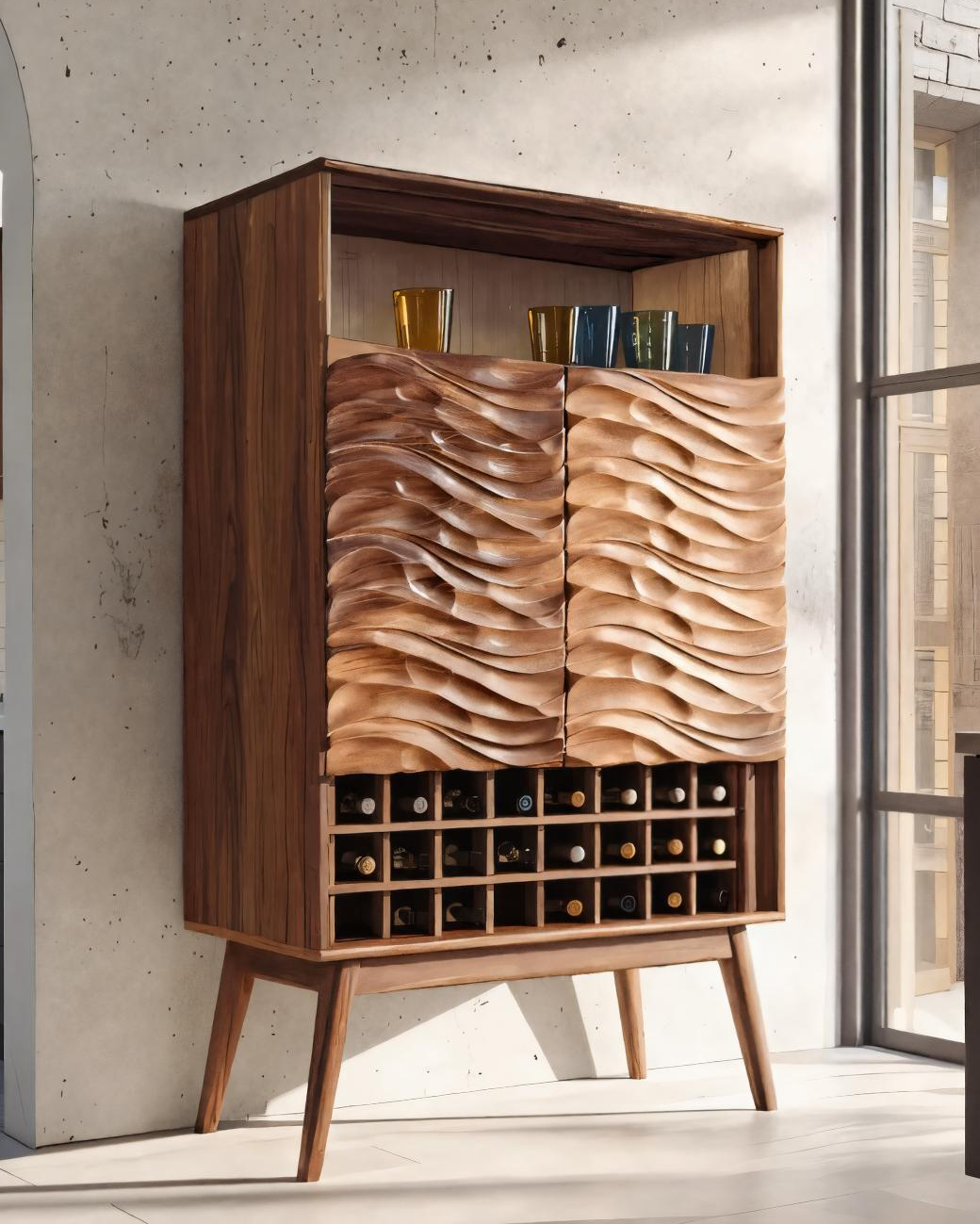Modern Wine Cabinet With Wave Carved Doors For Kitchen