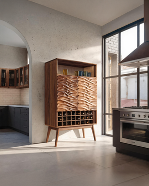 Modern Wine Cabinet With Wave Carved Doors For Kitchen