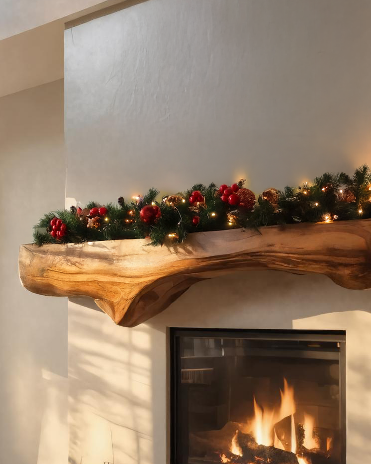 Sculptural Live Edge Fireplace Mantel For Holiday Decoration
