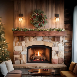 Rustic Fireplace Mantel With Beam For Holiday Decoration