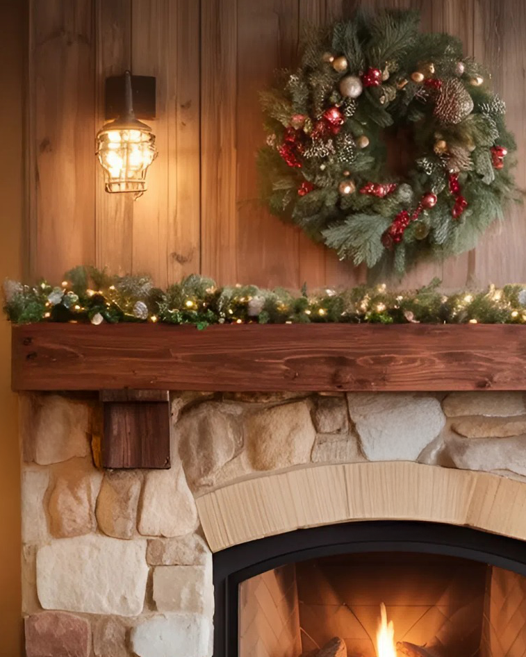 Rustic Fireplace Mantel With Beam For Holiday Decoration