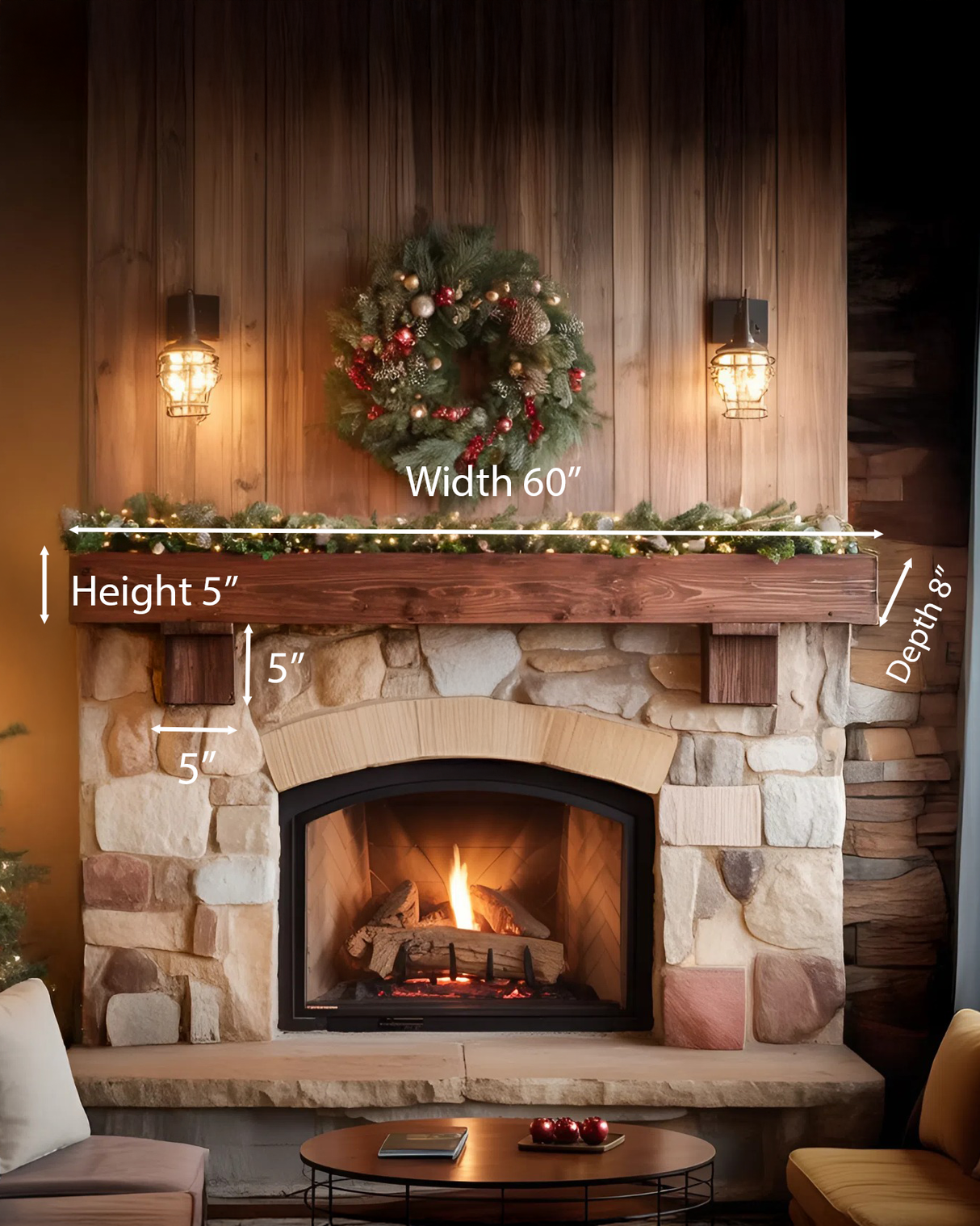 Rustic Fireplace Mantel With Beam For Holiday Decoration