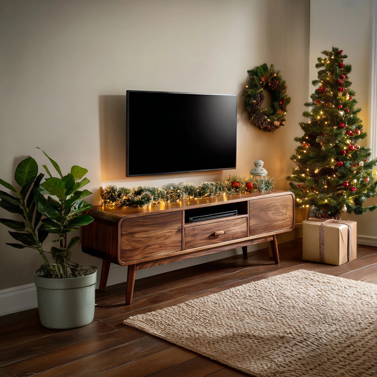 Mid-Century TV Console With Rounded Edge For Holiday Decor