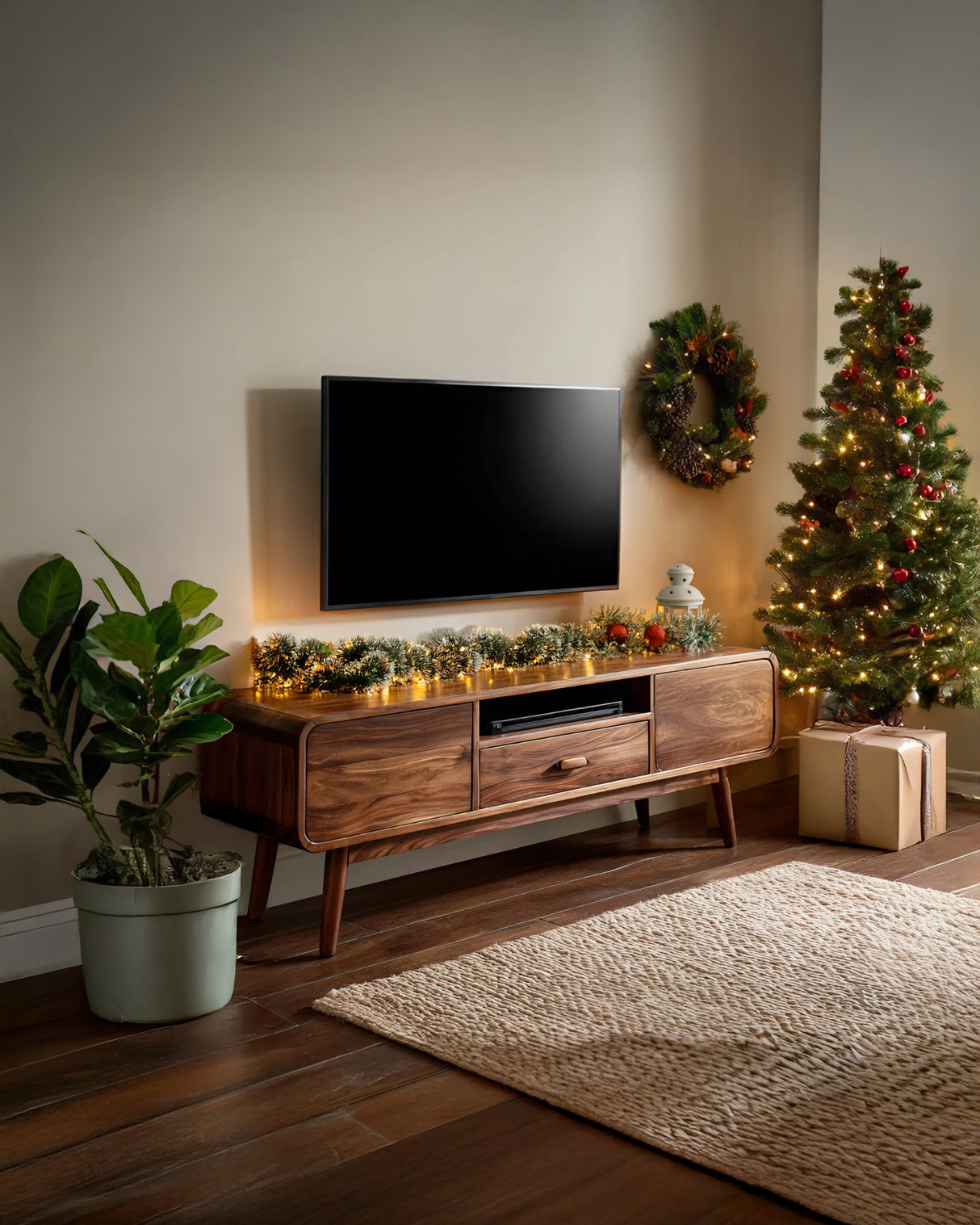 Mid-Century TV Console With Rounded Edge For Holiday Decor