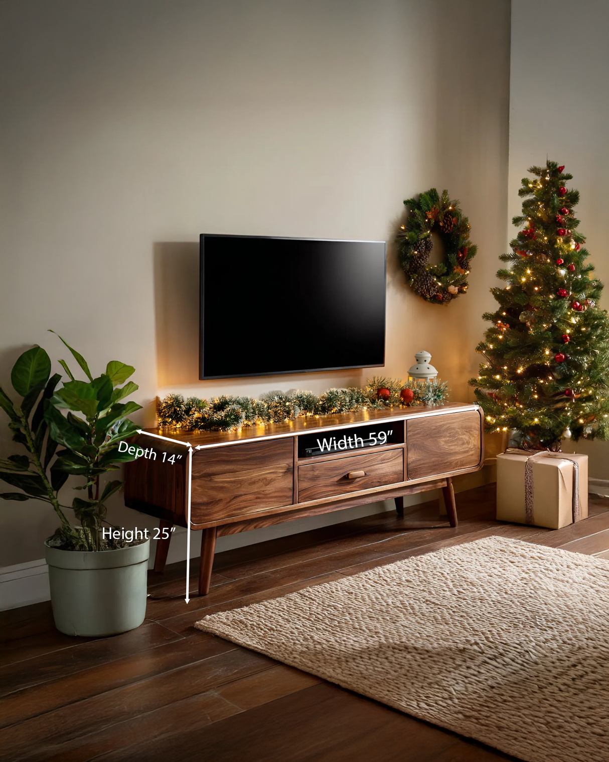 Mid-Century TV Console With Rounded Edge For Holiday Decor