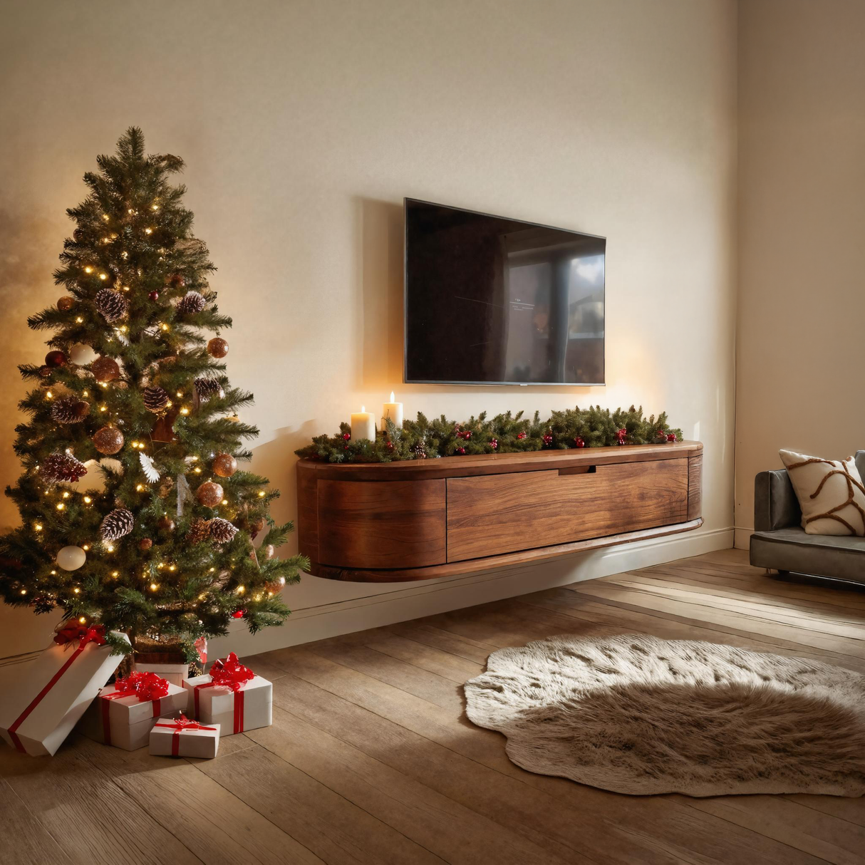 Modern Floating TV Console With Rounded Edge For Holiday