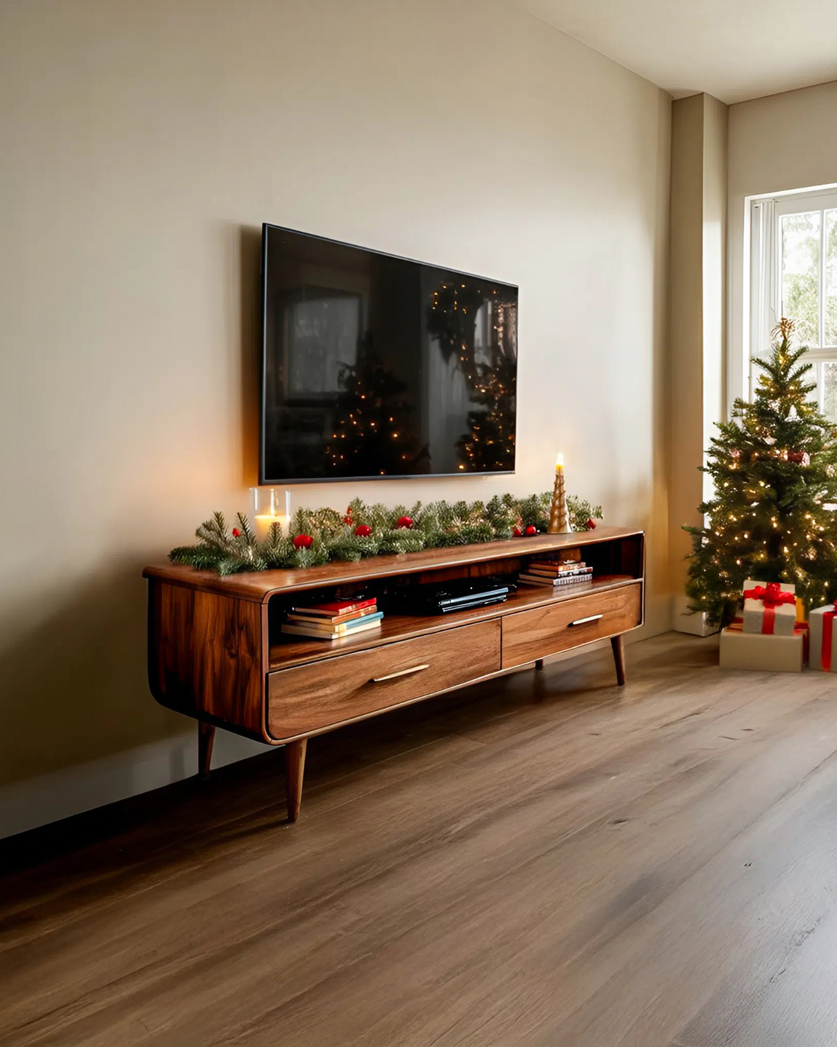 Mid-Century TV Console With Rounded Edge For Holiday