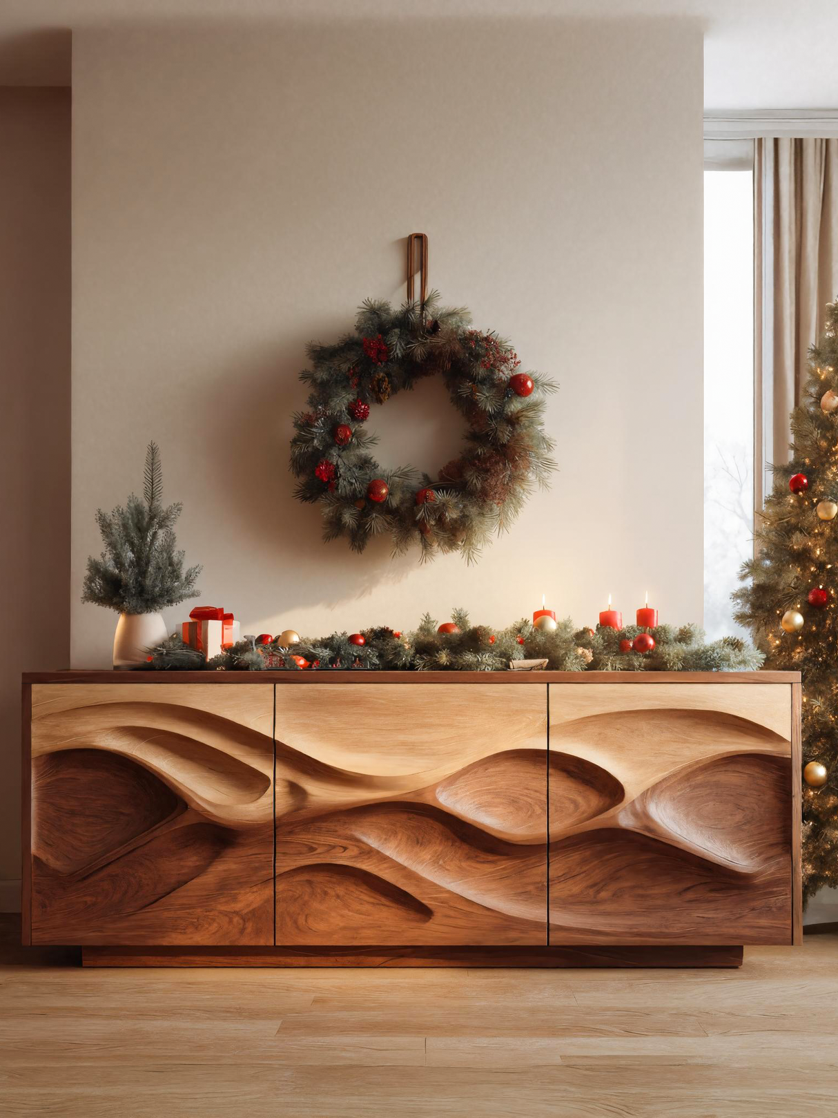 Organic Wave Pattern Sideboard For Holiday Decor