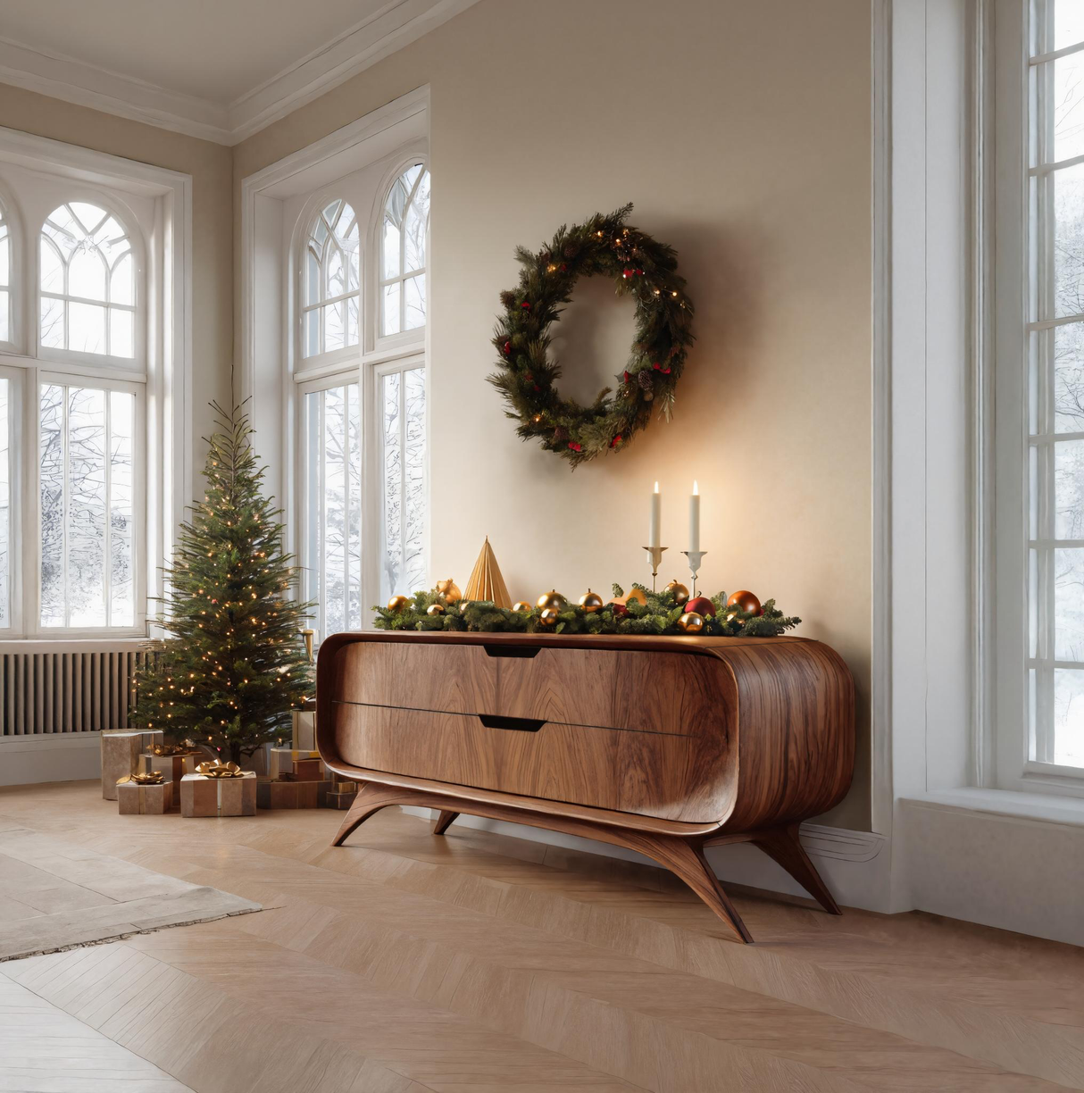 Mid Century Curved Sideboard For Holiday Or Living Room