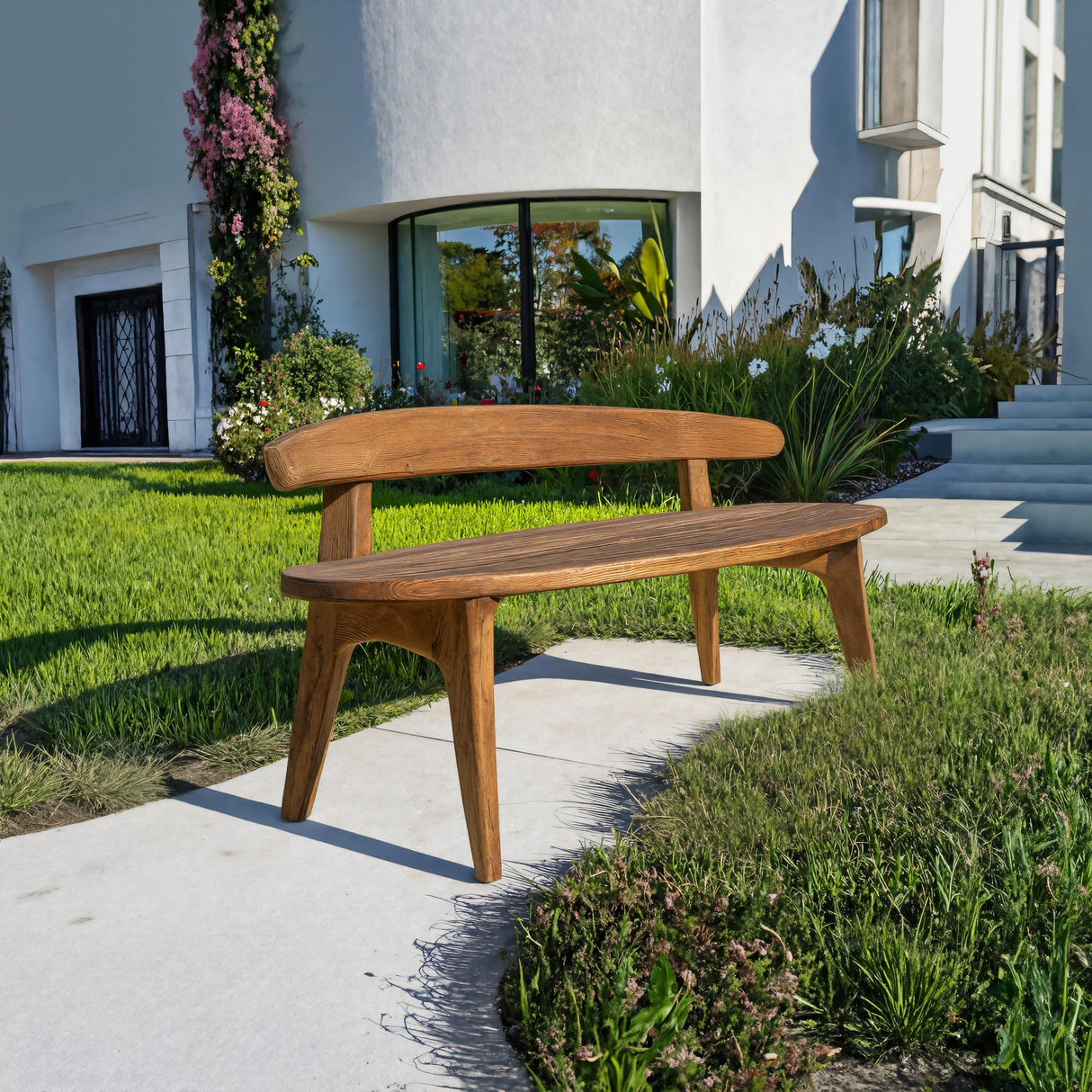 Organic Outdoor Bench With Curved Backrest For Patio