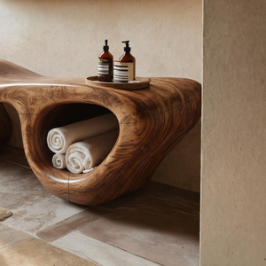 Organic Wave Carved Shower Bench Double Storage For Bathroom