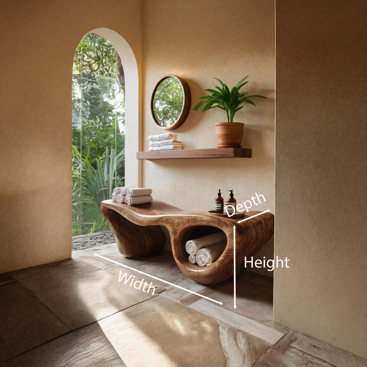 Organic Wave Carved Shower Bench Double Storage For Bathroom