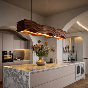Sculpted Hanging Lamp Featuring Flowing Wave Carving For Dining