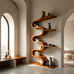 Modern Sculptural Wooden Wave Bookshelf For Living Space
