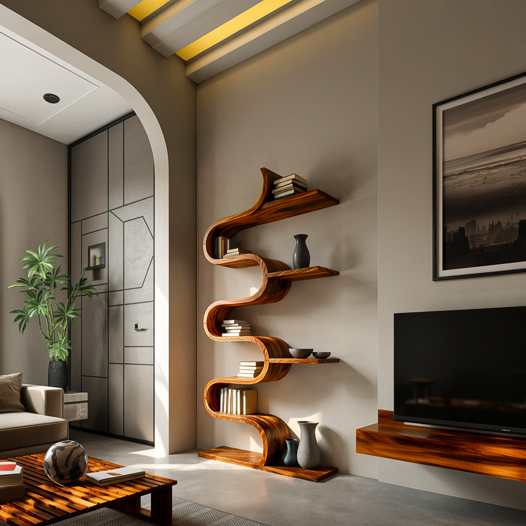Modern Sculptural Wooden Wave Bookshelf For Living Space