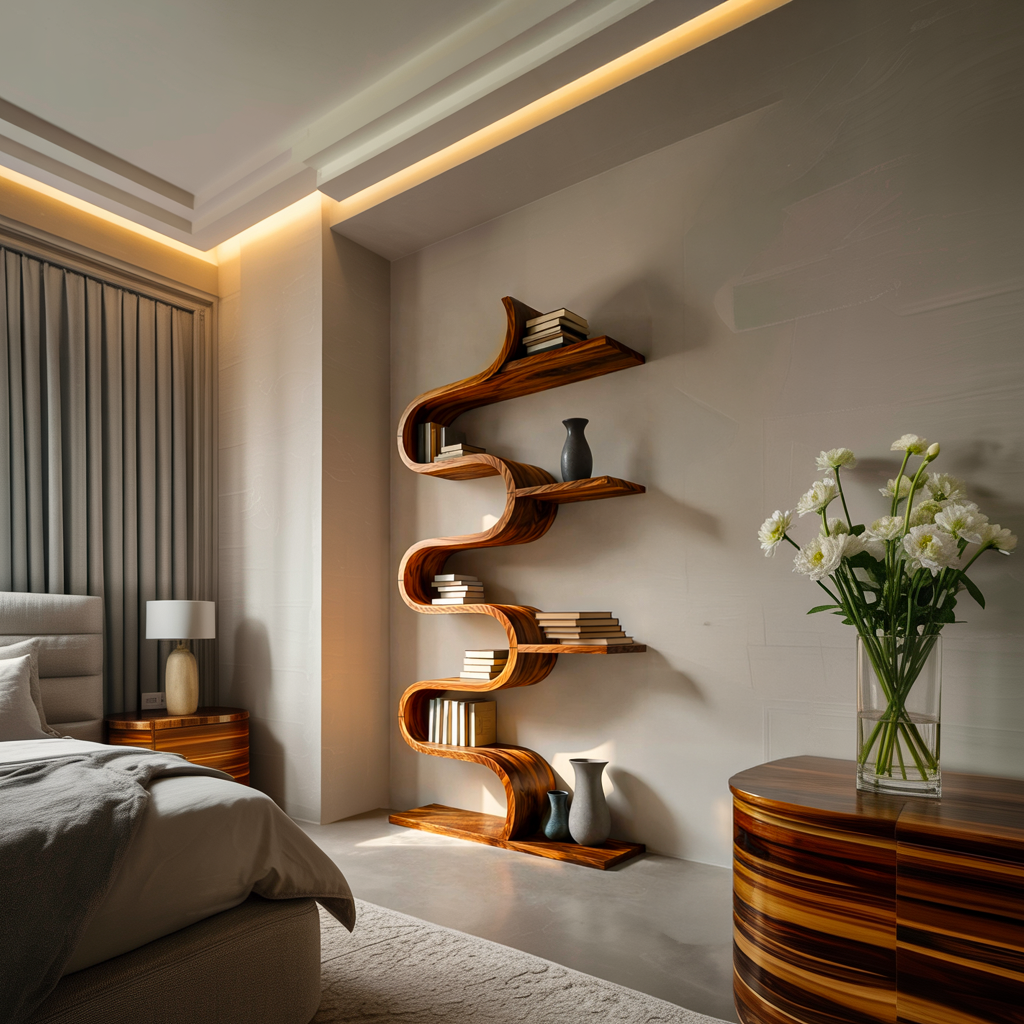Modern Sculptural Wooden Wave Bookshelf For Living Space