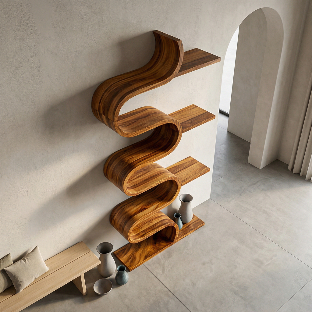 Modern Sculptural Wooden Wave Bookshelf For Living Space