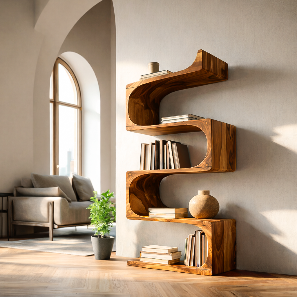 Modern Wooden Flowing Carved Bookshelf For Living Room