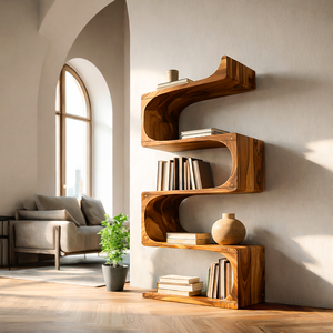 Modern Wooden Flowing Carved Bookshelf For Living Room