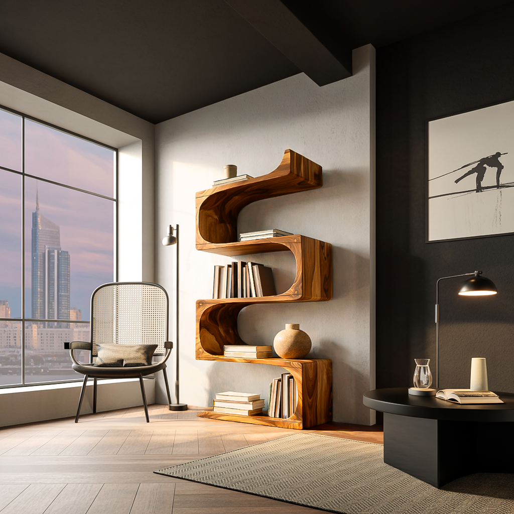 Modern Wooden Flowing Carved Bookshelf For Living Room