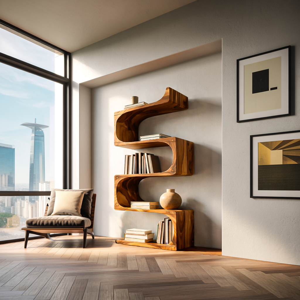 Modern Wooden Flowing Carved Bookshelf For Living Room