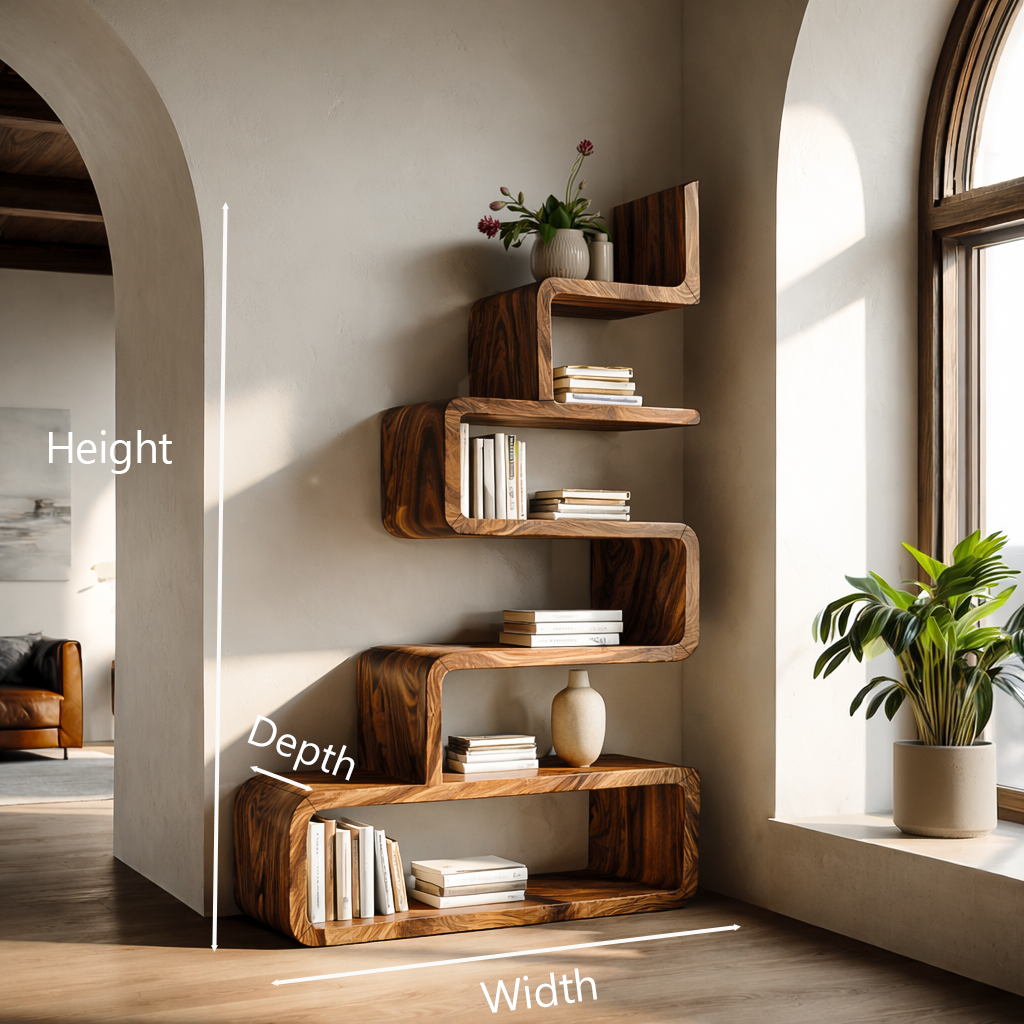 Minimalist Wooden Curved Bookshelf For Modern Interior