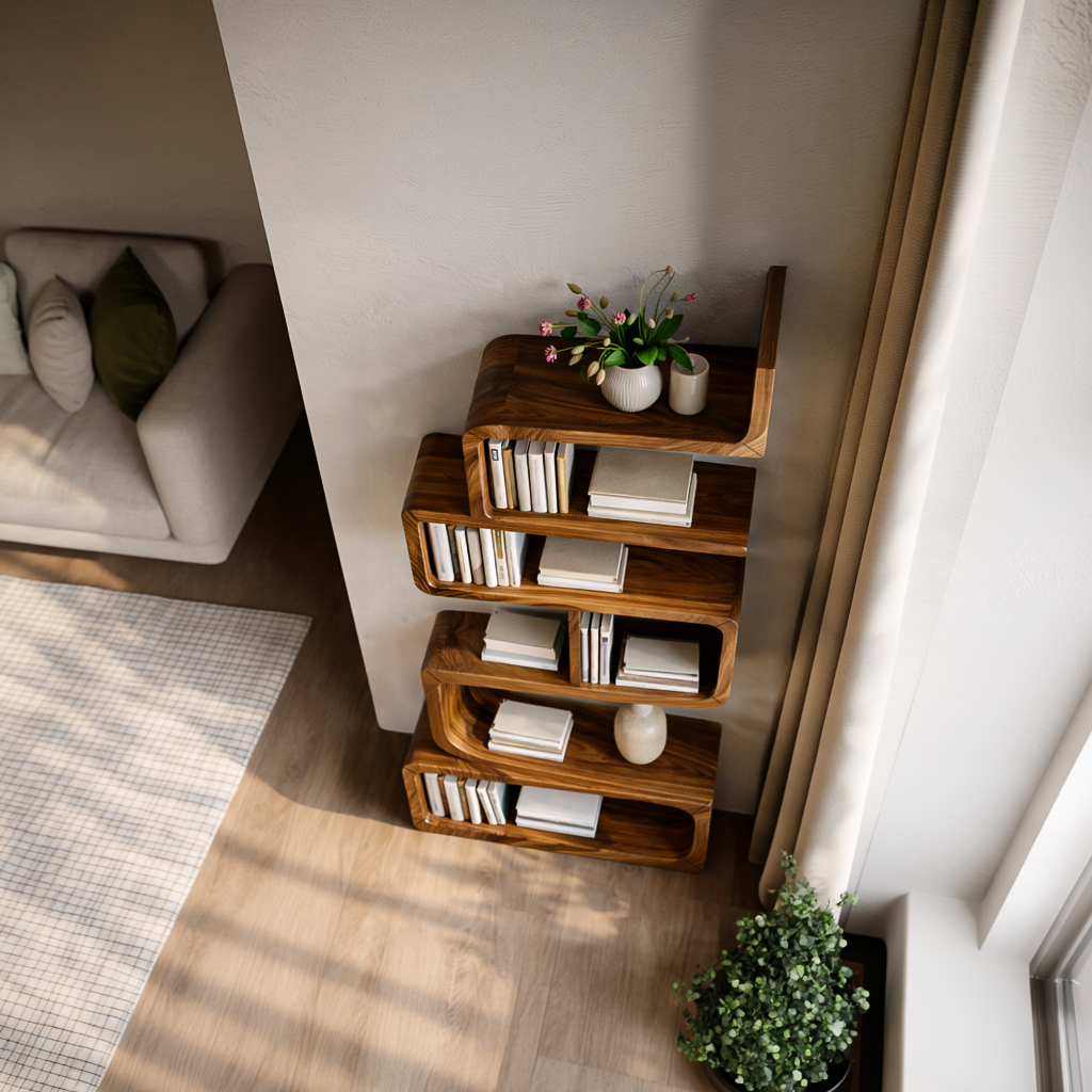Minimalist Wooden Curved Bookshelf For Modern Interior