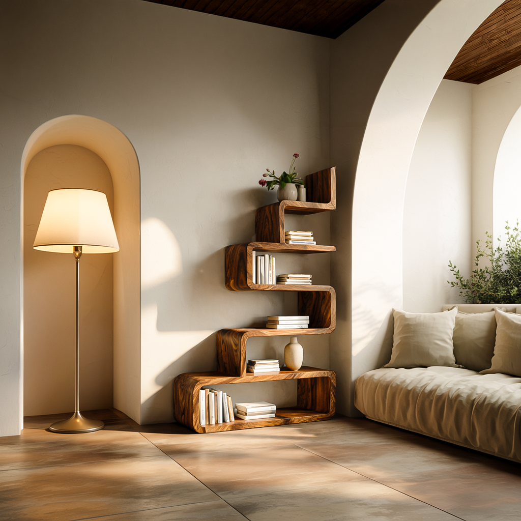 Minimalist Wooden Curved Bookshelf For Modern Interior