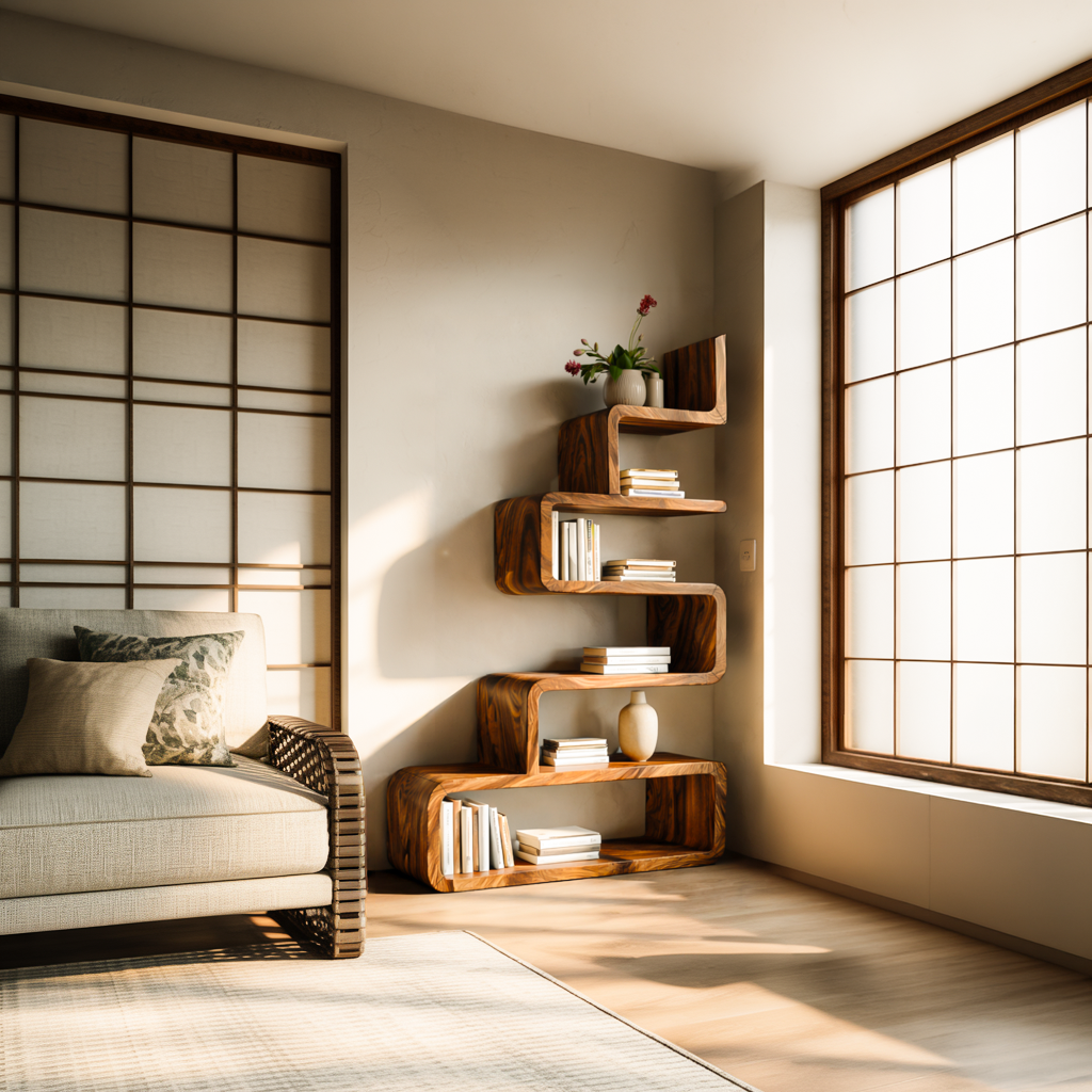 Minimalist Wooden Curved Bookshelf For Modern Interior