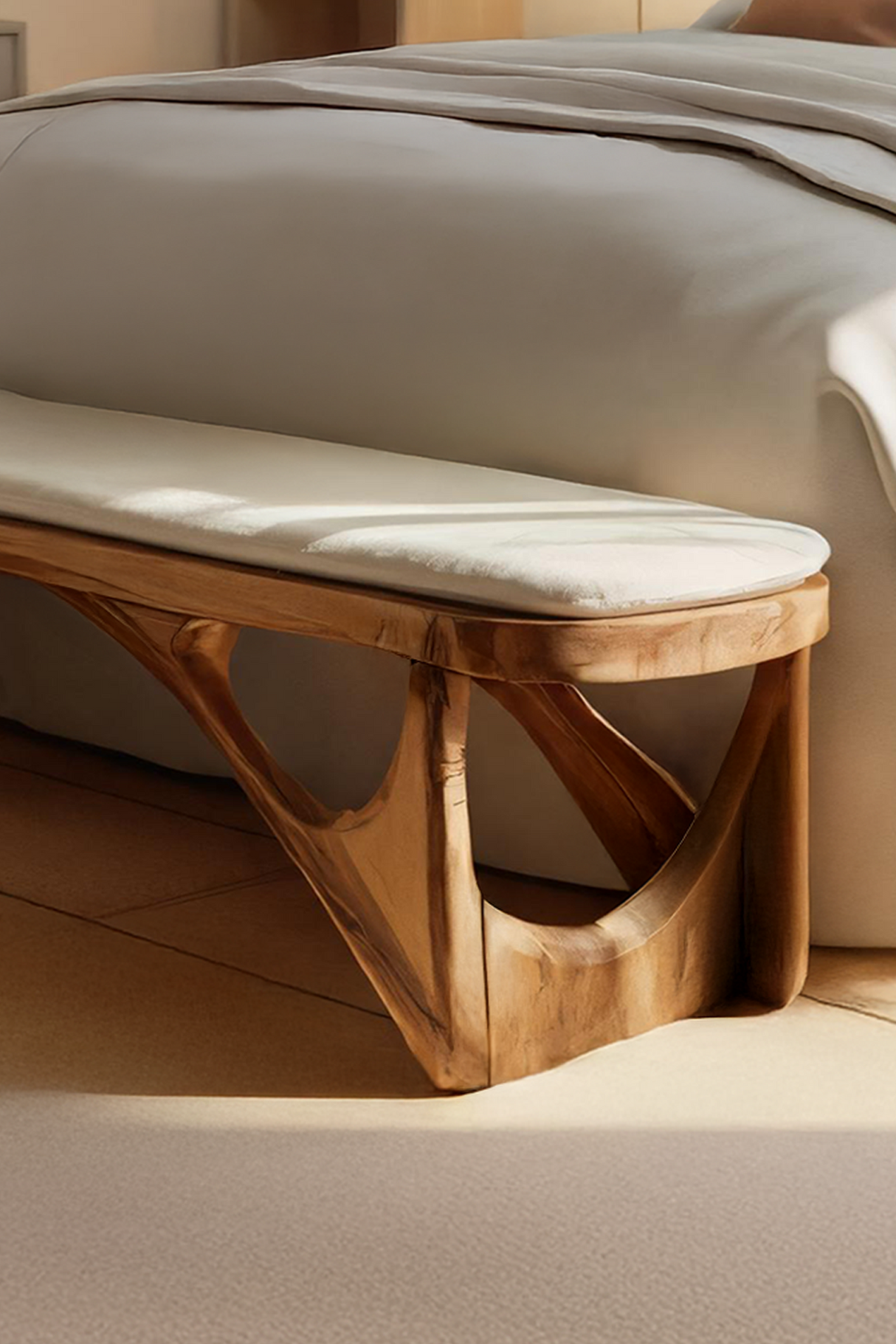 Minimalist Curved Wood Bench For End-of-Bed Design