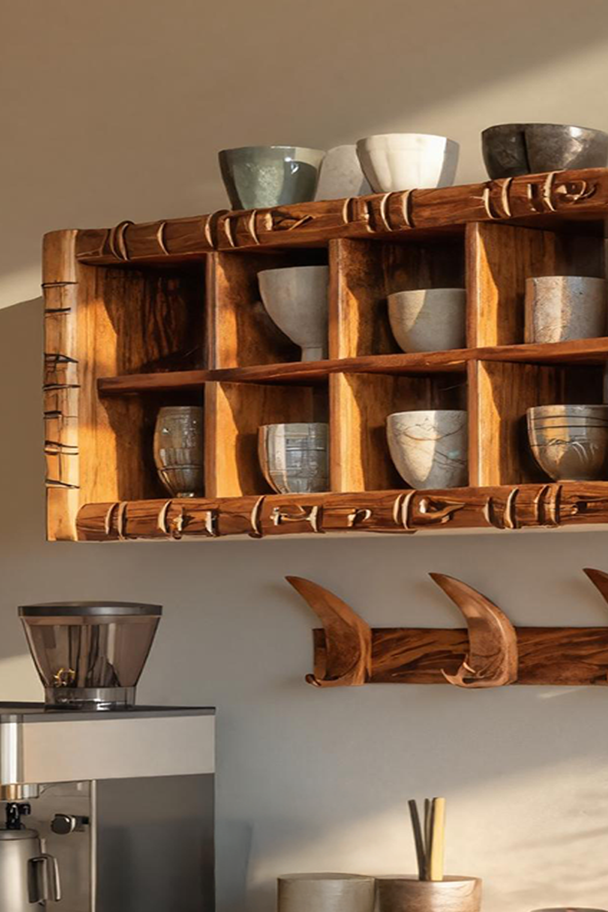 Modern Wooden Shelf With Hooks For Small Kitchen Design