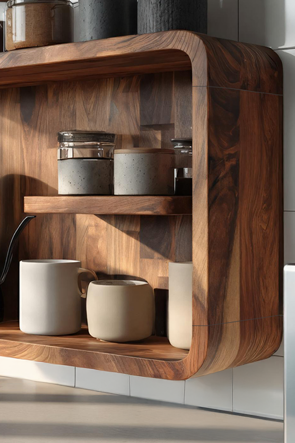 Minimalist Wooden Shelf With Hooks For Pantry Organization