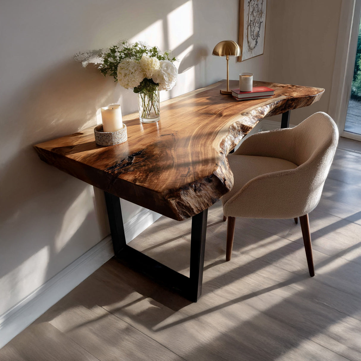 Mid Century Wooden Live Edge Desk For Living Room Decor