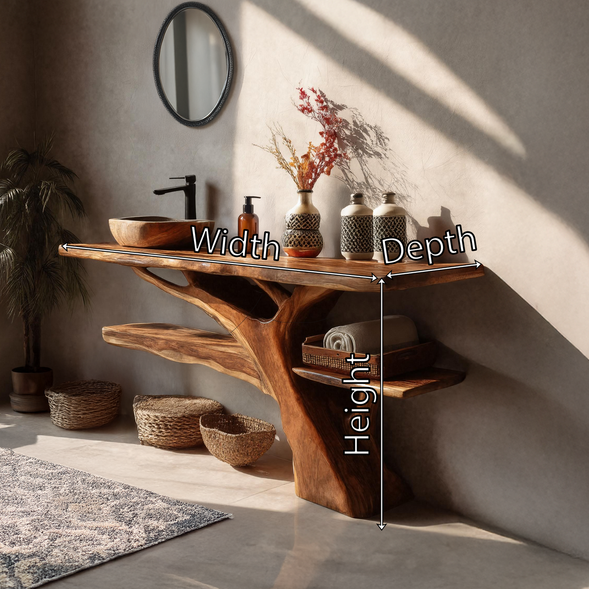 Mid Century Solid Wood Bathroom Vanity Sculptural Live Edge For Bathroom