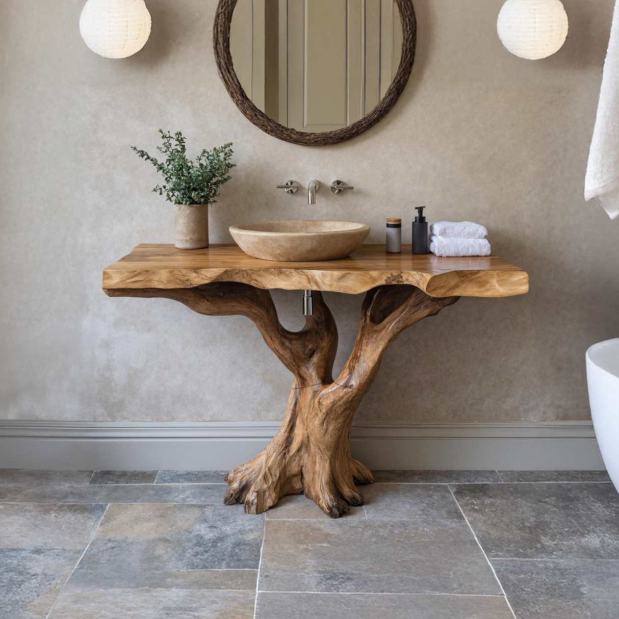 Handcrafted Solid Wood Bathroom Vanity Live Edge For Natural Spa Bath