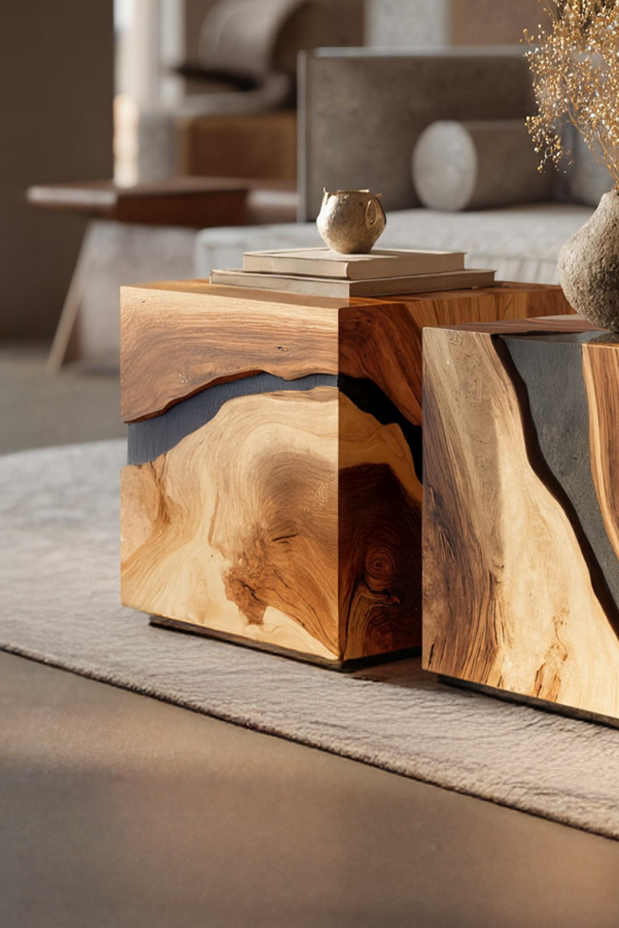 Mid Century Wooden Cube Coffee Table For Entryway Decor