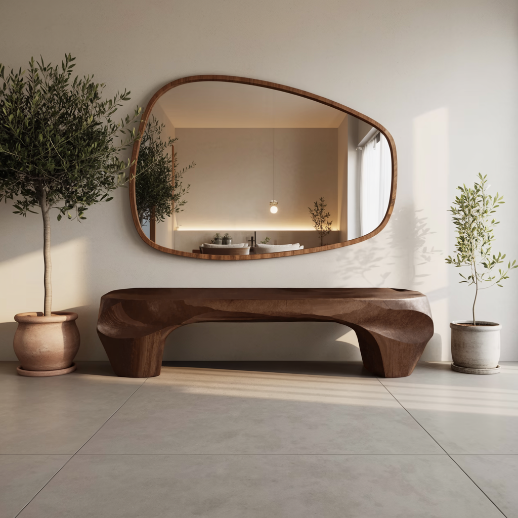 Modern Sculptural Bench And Wall Mirror For Entryway