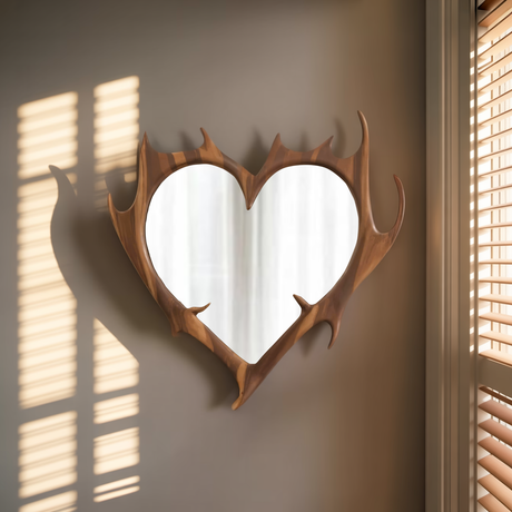 Rustic Antler Heart Wall Mirror For Bedroom And Entryway
