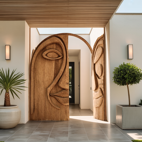 Artistic Face Carved Entry Door For Villa Entrance