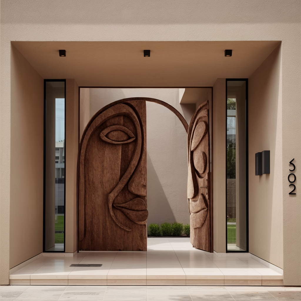 Artistic Face Carved Entry Door For Villa Entrance